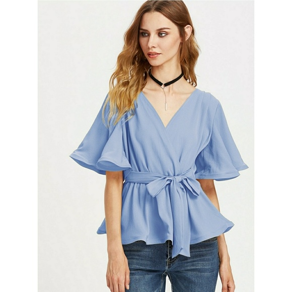 ⬇️Flutter Sleeve Belted Surplice Wrap Top - Picture 2 of 4